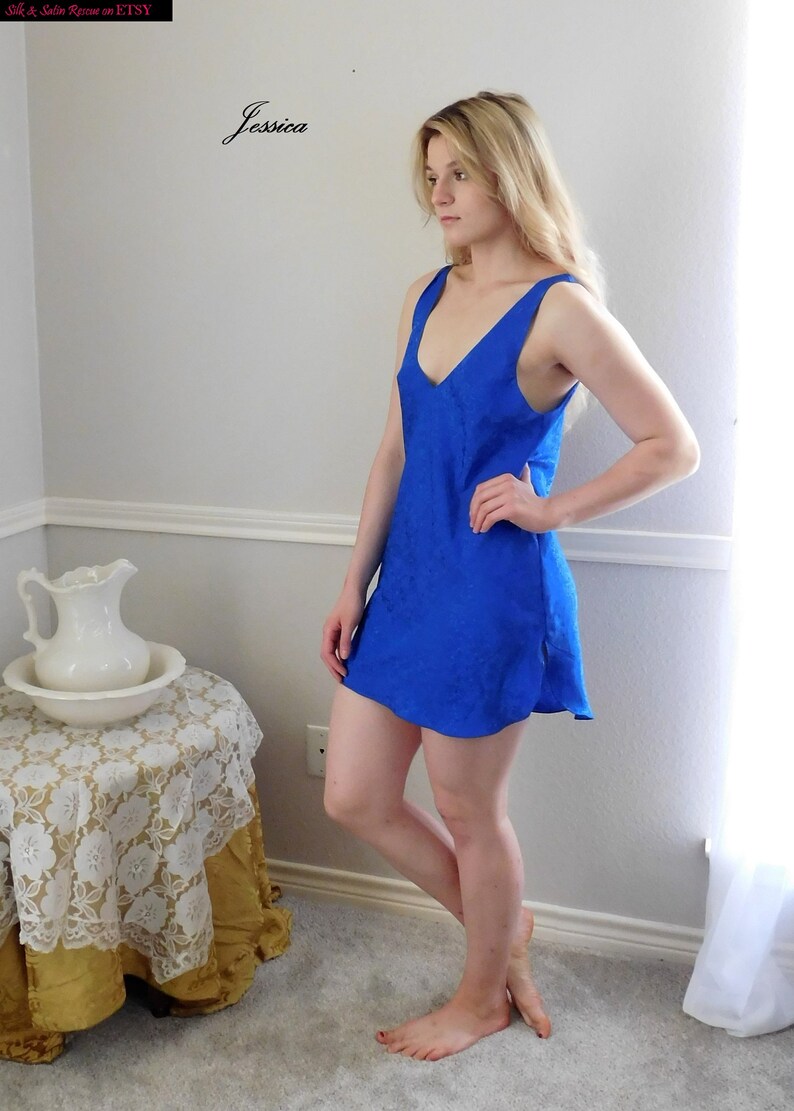 BLUE SATIN Jacquard Short NIGHTGOWN Chemise Slip Nightie | Etsy