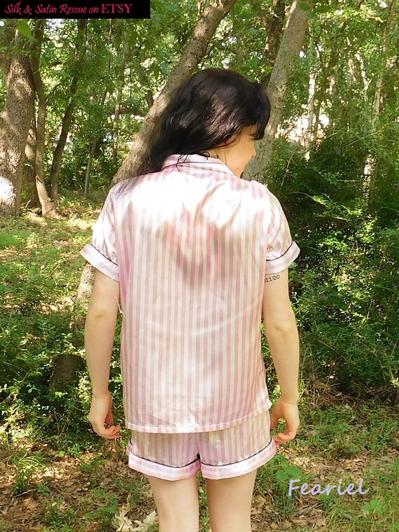Short Pink and White Striped SATIN PJ Set Pyjama … - image 2