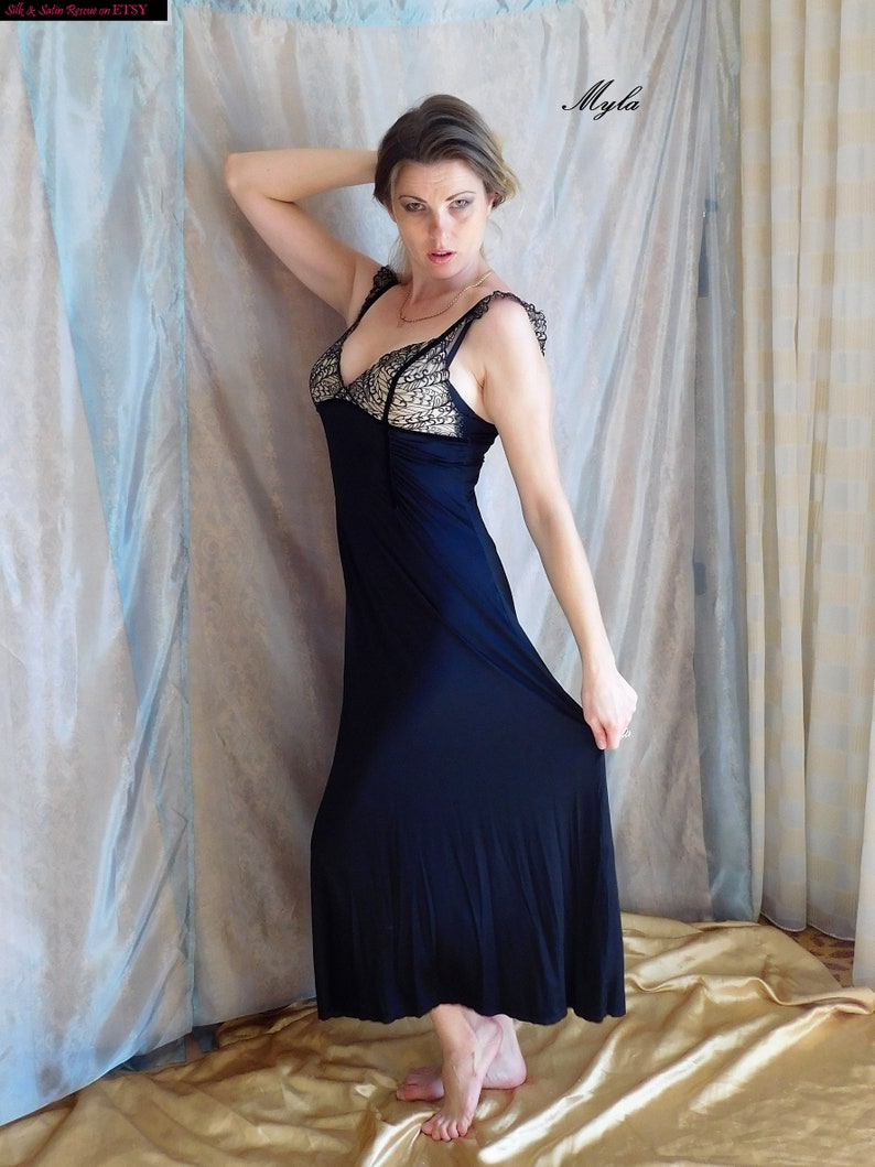 BLACK and Beige Long NYLON and Embroidered Lace NIGHTGOWN Nightdress