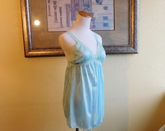 Aqua BLUE NYLON and Lace BABYDOLL Nighty Nightie Baby Doll Top Cute Jennie G Lingerie - M