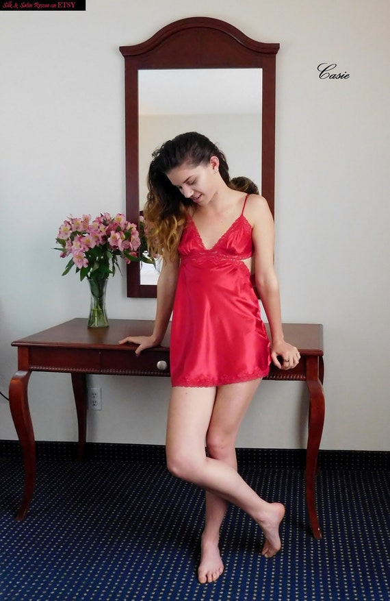 red satin night gown