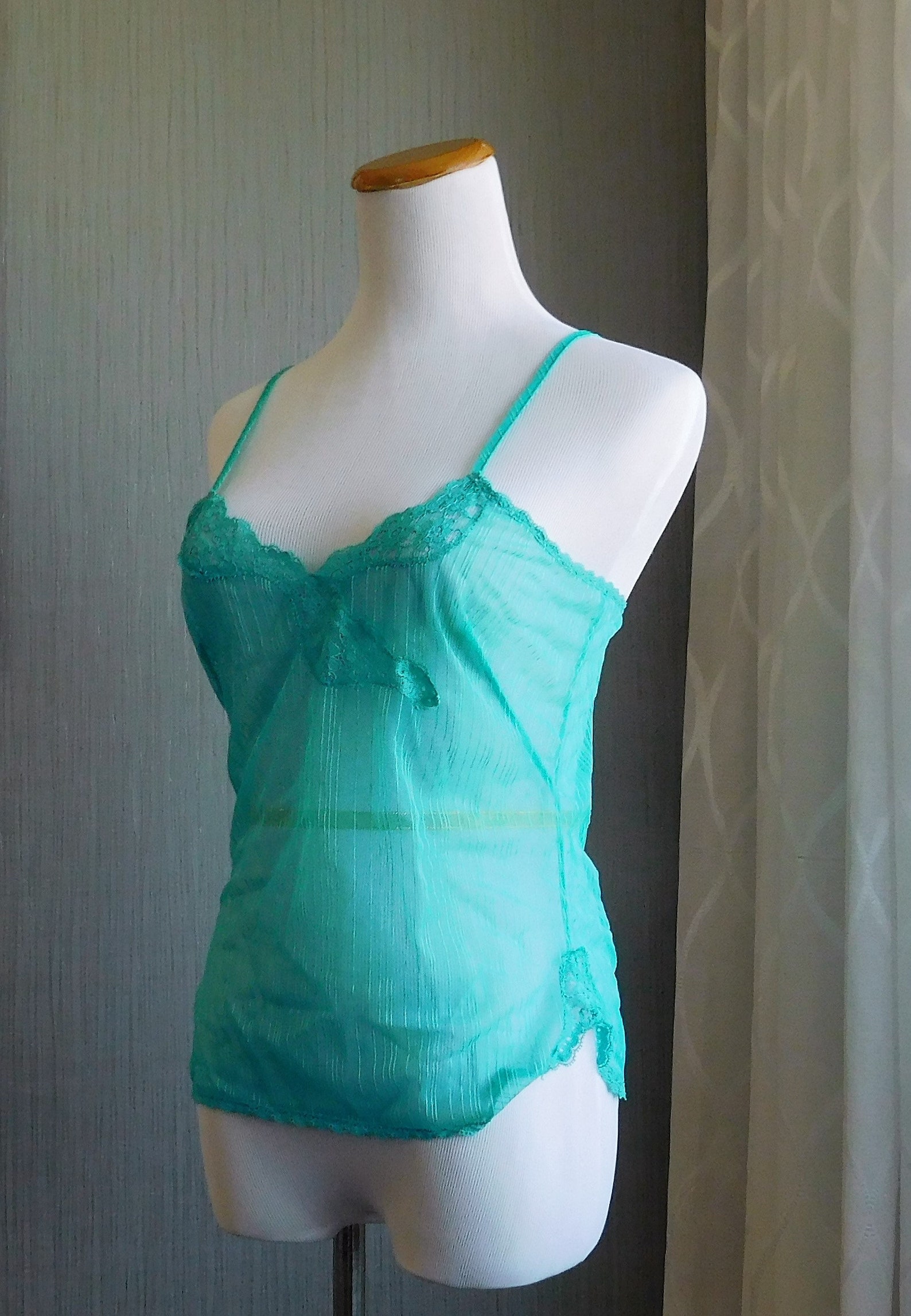 SHEER GREEN CAMI Camisole Pin Stripes Top Nylon Lace Blush Underwear