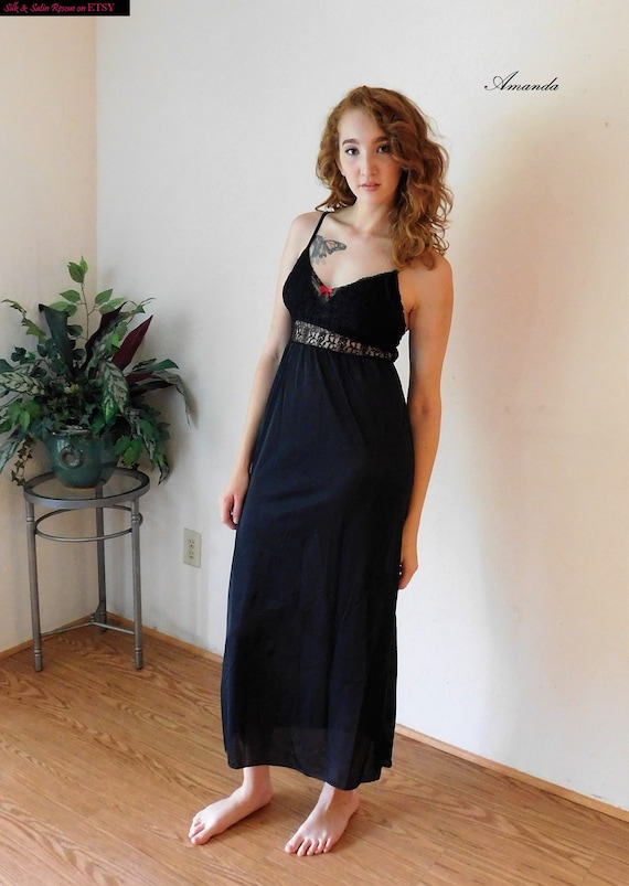 Greta Gehr BLACK NYLON and Lace NIGHTGOWN Nightdr… - image 4