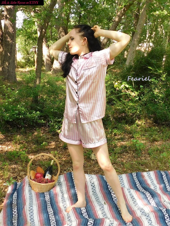 Short Pink and White Striped SATIN PJ Set Pyjama … - image 5