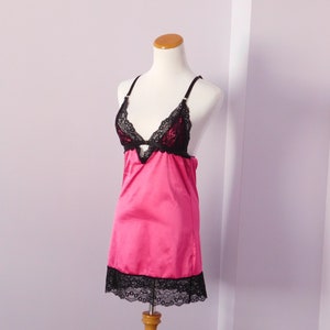 PINK SATIN and Black Lace Slip CHemise Nighty Nightie Short Nightgown Sexy Sleepwear Lingerie - S / XS
