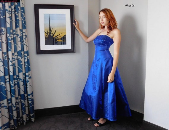 Iridescent Blue Halter Style Satin Vintage 80 S Prom Gem Iridescent Blue Halter Style Satin Vintage 80 S Prom Gem