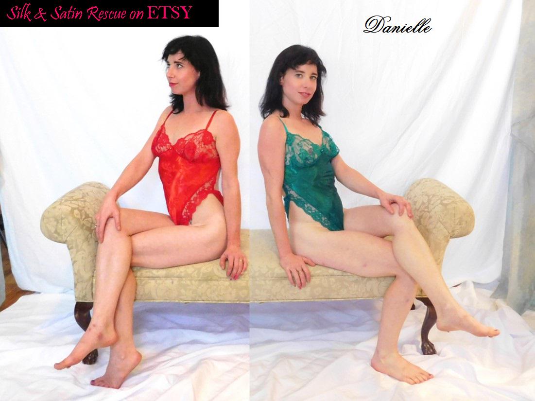 GREEN or Red Metallic SATIN Jacquard and Lace TEDDIE Teddy Bodysuit Camiknicker Onesie Intimate Moods Lingerie - S