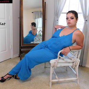 Ensemble pyjama bleu sarcelle transparent pyjama pyjama amoureuse caraco camisole de nuit vêtements d&#39;intérieur lingerie - M