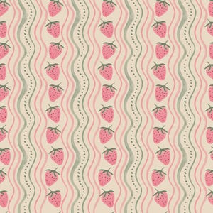 Może przedstawiać: Powtarzający się wzór z różowymi truskawkami z zielonymi łodygami i liśćmi. Truskawki ułożone są w pionowych rzędach na kremowym tle. Faliste linie w kolorze różowym i zielonym dodają elementu dekoracyjnego.