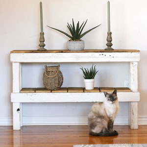 May include: A white painted wooden console table with two shelves. The top shelf has two green candlesticks and a potted succulent plant. The bottom shelf has a woven basket and another potted succulent plant. A cat is sitting on the floor in front of the table.