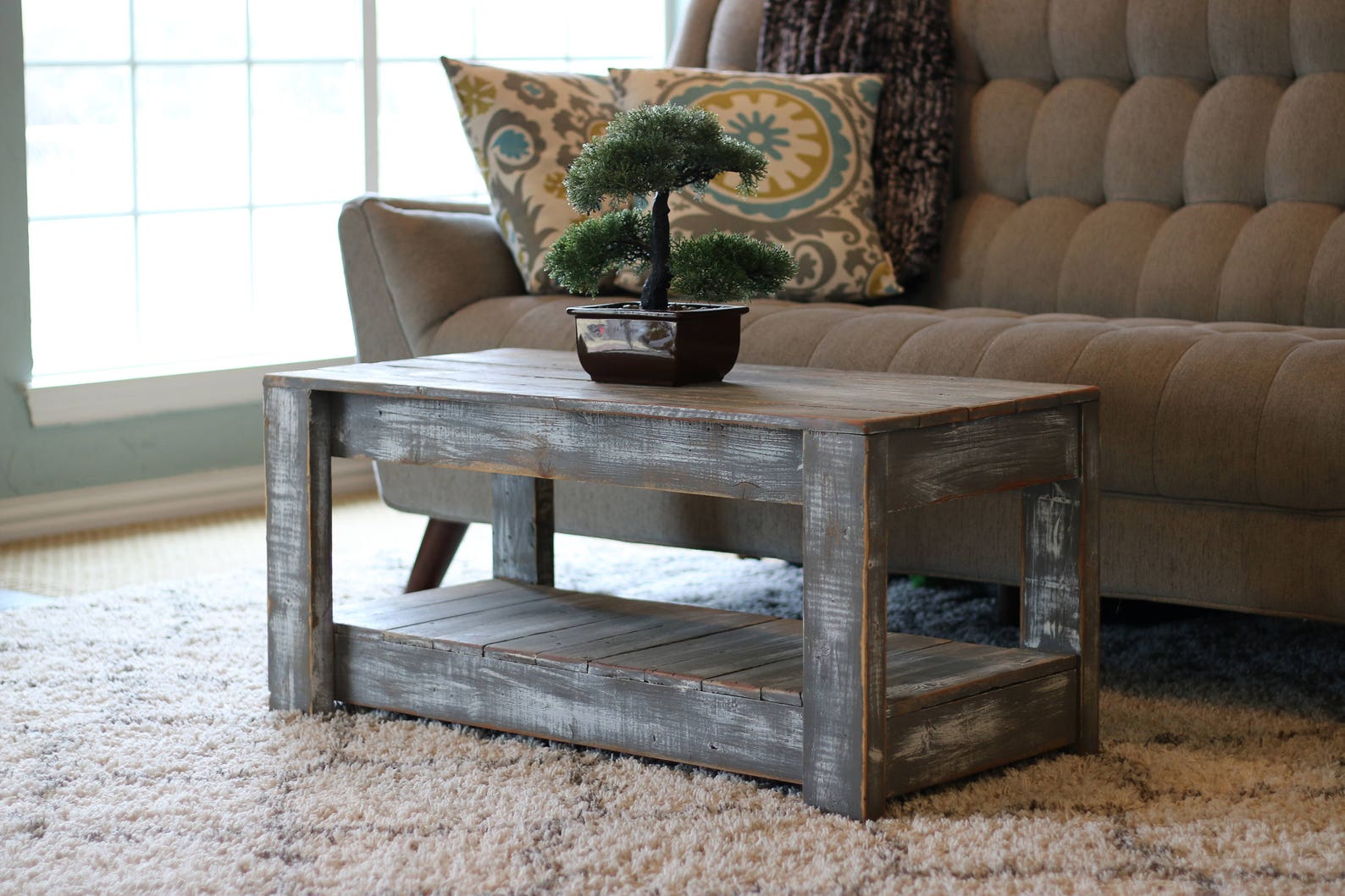 Weathered Gray Coffee Table With Shelf Etsy
