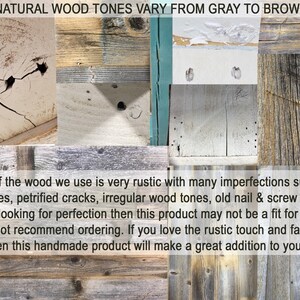 Puede incluir: Primer plano de varias texturas de madera en tonos grises y marrones. La madera tiene nudos, grietas y agujeros de clavos, lo que le da un aspecto r&uacute;stico. "NATURAL WOOD TONES VARY FROM GRAY TO BROWN" est&aacute; escrito en la parte superior de la imagen. "A lot of the wood we use is very rustic with many imperfections such as knot holes, petrified cracks, irregular wood tones, old nail & screw holes. If you are looking for perfection then this product may not be a fit for you and I would not recommend ordering. If you love the rustic touch and farmhouse vibe then this handmade product will make a great addition to your d&eacute;cor." est&aacute; escrito en la parte inferior de la imagen.