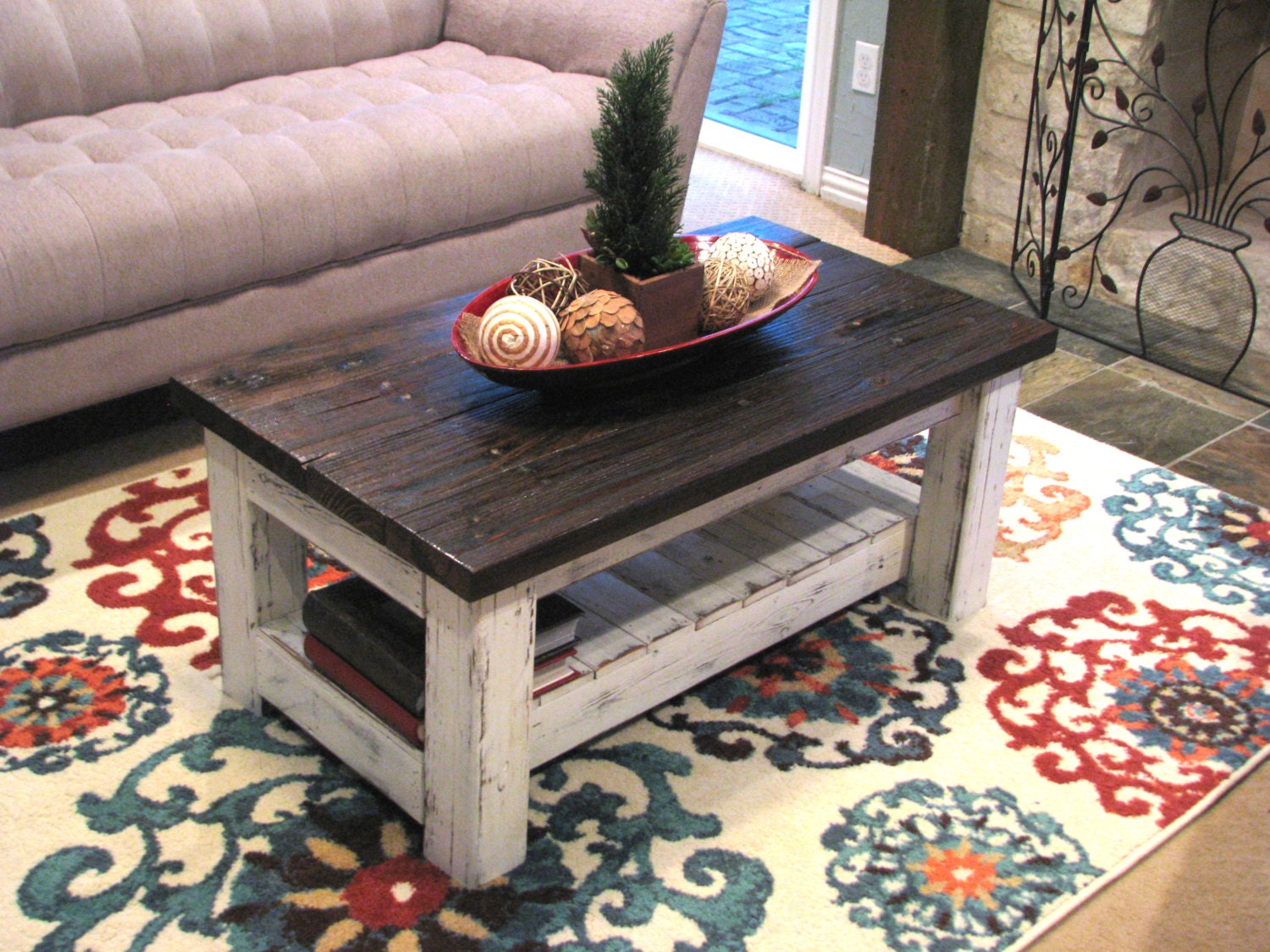 Reclaimed White Rustic Coffee Table with Brown Top