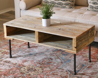 Reclaimed Wooden Storage Table with Iron Pipe Legs