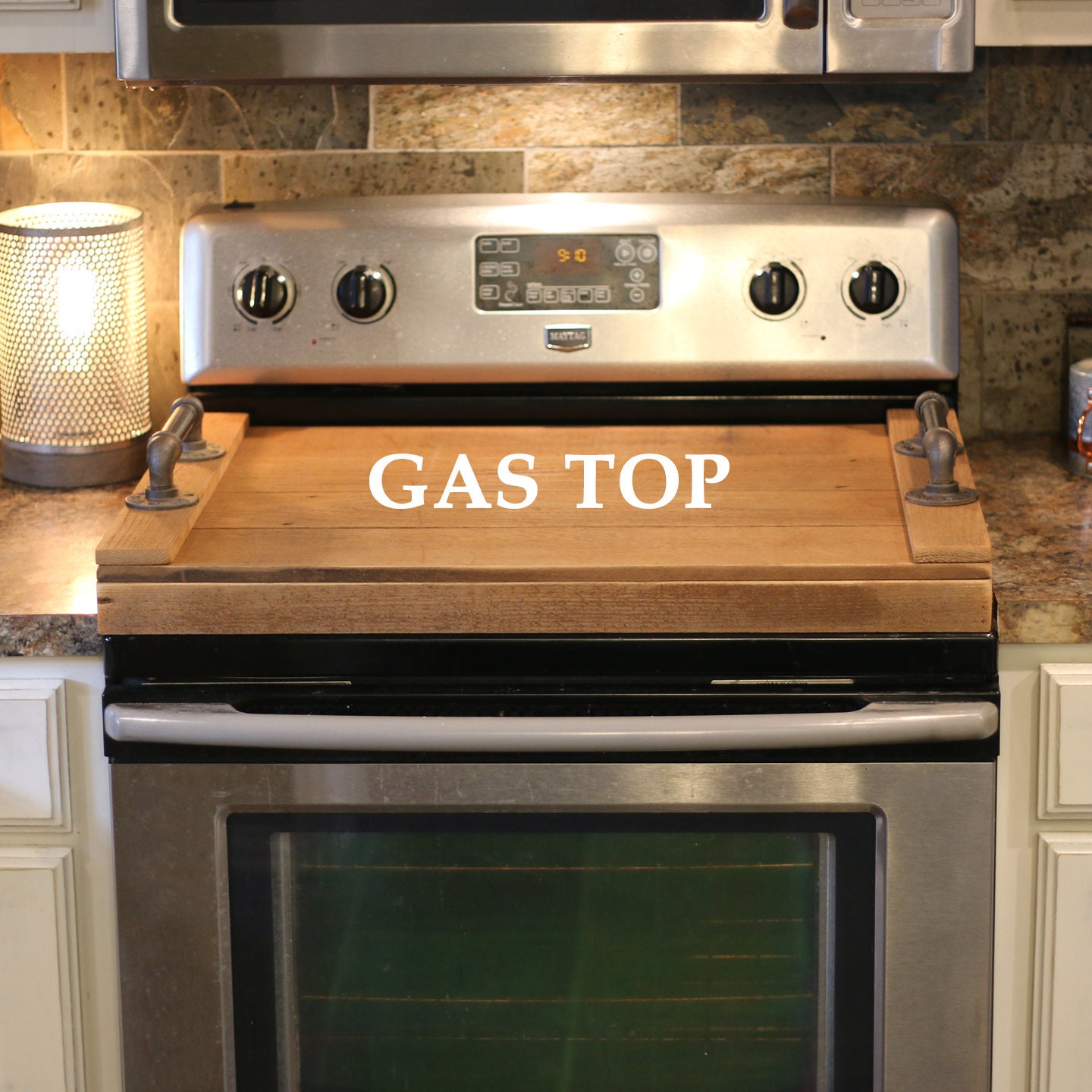 gas stove with microwave on top