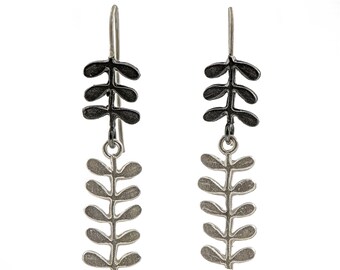 Handmade Silver Flower Stem Dangle Earrings, Oxidized Details