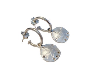 Handmade Sterling Silver Sand Dollar Hoop Earrings, Beach Jewellery