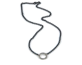 Oxidized Sterling Silver Circle Necklace, Hammered Texture, Handmade