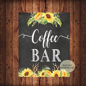 Coffe Bar, On SALE, Sofort-Download, Sonnenblumen, Druckbare Kunst, Wohndekor, Brautparty, Baby Shower, 2 Größen inklusive
