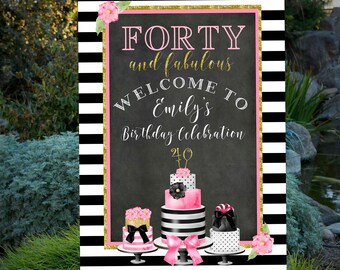 Cuarenta y fabuloso, 40 cumpleaños, raya blanca y negra, imprimible personalizado, tamaño de póster, brillo rosa y dorado, bienvenida a la fiesta, archivo jpg 24x36