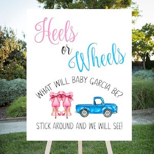 SALE today, Gender Reveal Printable Sign, Heels or Wheels, Custom gender reveal sign, pink & blue, large format printable sign, 16x20, 24x30