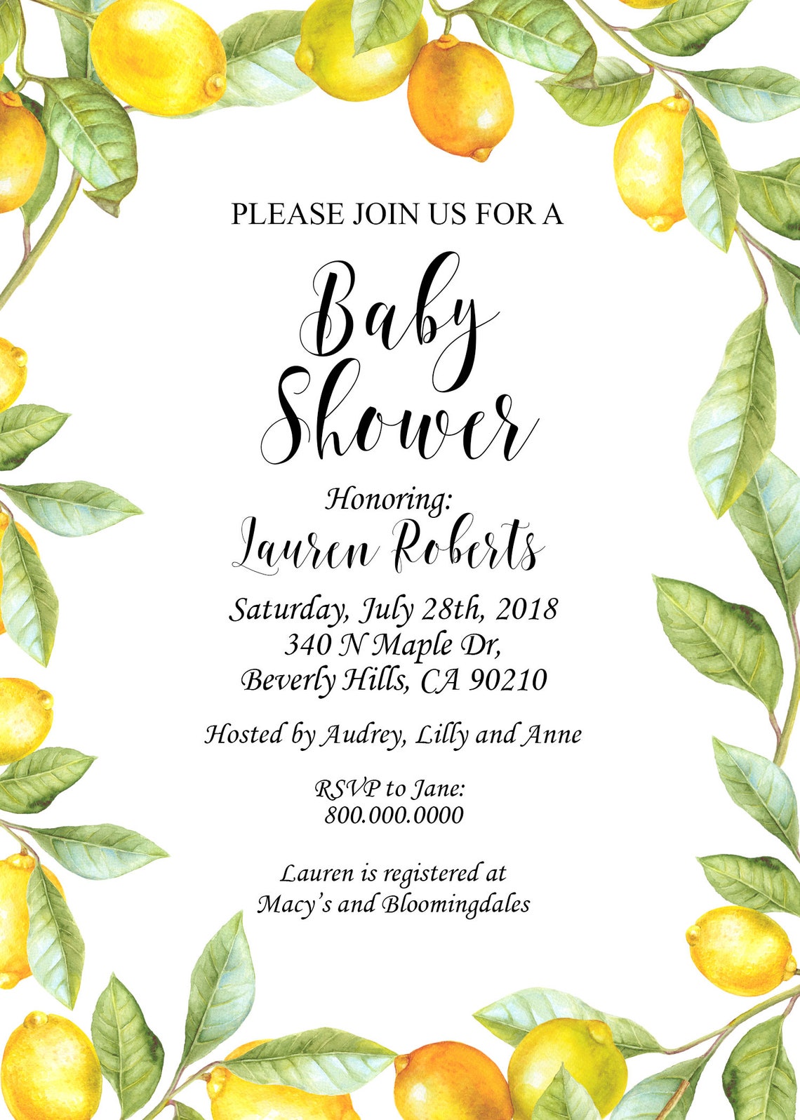 Baby Shower Invitation Lemon Themed Baby Shower Yellow Baby Etsy