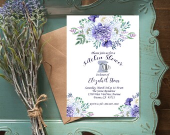 Kitchen Shower, Bridal Shower Invitation, Romantic Blue Bridal Shower, Navy Blue Bridal Shower Invitation, Blue Floral Bridal Shower Invite