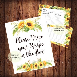 Chá de panela, girassóis, placas para impressão e cartões de receitas, download INSTANTÂNEO, conjunto de receitas, impressão floral em aquarela