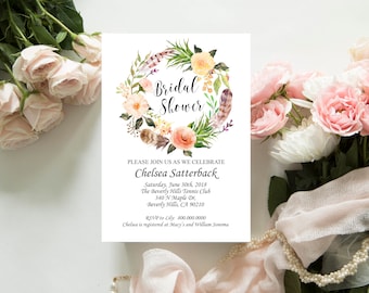 Peach Bridal Shower Invitation, Blush & Peach, Boho Floral Bridal Shower Invitation, baby shower invite, invitation customized for you