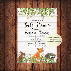 Woodland Baby Shower Invitation, Woodland Animals Themed Baby Shower, Printable baby shower invite, We customize, you print. 5x7 jpg file