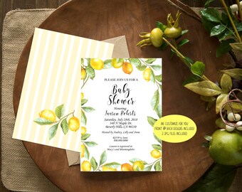 May include: A white baby shower invitation with a watercolor illustration of lemons and leaves. The text reads "Please join us for a Baby Shower Honoring: Jauren Roberts Saturday, July 28th, 2018 340 N Maple Dr. Beverly Hills, CA 90210 Hosted by Audrey, Lilly and Anne RSVP to Jane 800.000.0000 Lauren is registered at Macy's and Bloomingdales".