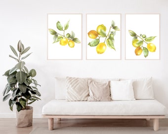 Lemon artwork, Set of 3 Watercolor Lemons Kitchen Printable Art, Watercolor Lemon, Kitchen Print, Home Decor INSTANT DOWNLOAD 3 jpg files