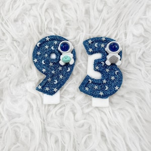 Outer space astronaut glitter birthday number candle, comes in any number you like