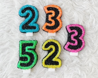 Neon glow glitter birthday 3" number candle/comes in any number you like, paint ball birthday party theme decor/let’s glow crazy birthday