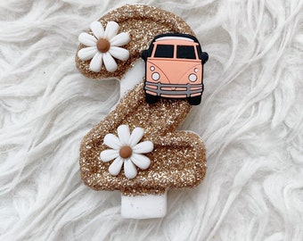 Retro groovy daisy van birthday number candle, comes in any number you like