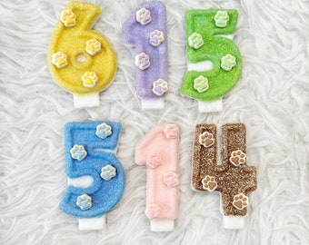 Paw print glitter birthday number candle, comes in any number you like, Dog paw print cake topper, cat paw print cake topper
