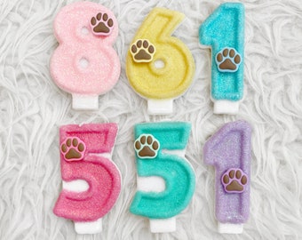 Paw print glitter birthday number candle, comes in any number you like, Dog paw print cake topper, cat paw print cake topper