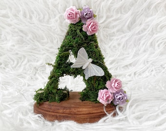 Whimsical fairy moss letter wood stand center piece, butterfly birthday party decoration, Enchanted fairy garden decor, nursery room decor