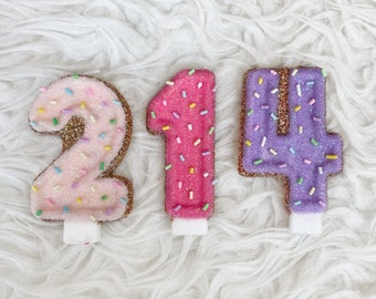 Glazed donut glitter birthday number candle, comes in any number you like