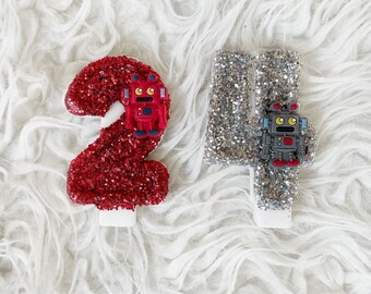 Robot glitter birthday number candle, comes in any number you like