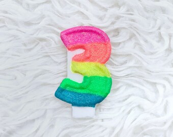 Neon Rainbow glitter birthday number candle, comes in any number you like