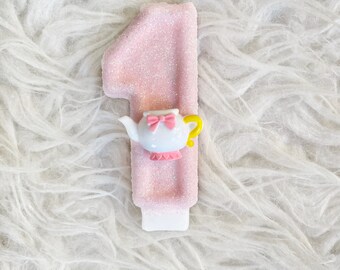 Tea pot glitter birthday number candle, comes in any number you like, Tea party birthday theme decor