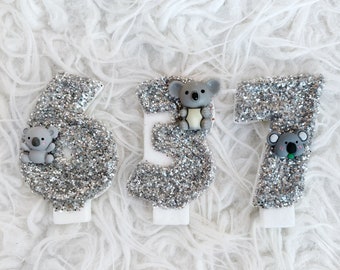 Koala animal glitter birthday number candle, comes in any number you like