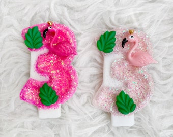 Tropical palm leaf Flamingo glitter birthday number candle, comes in any number you like