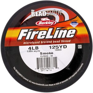 May include: A spool of black FireLine microfused braided bead thread fishing line. The spool is labeled with the brand name, the line's weight (4 lb), diameter (0.005 in), and yardage (125 yd). The label also includes the color "Smoke" and the product code "FLFSH4-42".