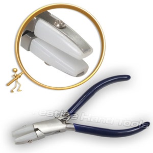May include: Close-up of a pair of silver-toned jewellery pliers with blue handles and white plastic tips. The pliers are designed for bending and shaping jewellery.