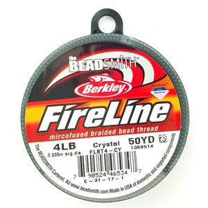 May include: A spool of gray FireLine microfused braided bead thread by Berkley. The label says 4LB, Crystal, 50YD, FLBT4-CY, 1389514, 0.005in avg. dia, and has a barcode. The label also says "The Beadsmith Carteret, NJ www.beadsmith.com Made in USA of domestic and imported components."