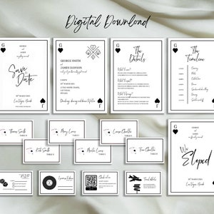 Lot de faire-part de mariage à Las Vegas, carte à jouer, modèle à téléchargement numérique, blanc, rouge, coeurs, mariage au casino moderne à destination, Elope