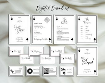 May include: A set of printable wedding stationery featuring a black and white playing card theme. The cards include a save the date, invitation, details card, timeline card, table cards, RSVP card, and a we eloped card. The cards feature a black spade and heart symbol.