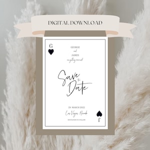 Salve a data, Las Vegas, Carta de baralho, Download digital de modelo, Branco, Preto, Corações, Casamento em cassino moderno de destino, Fuga